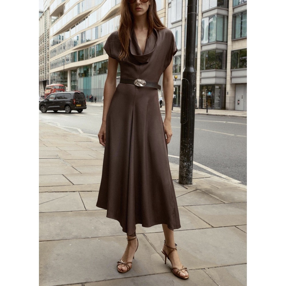 Zara Luxury Cowl Neck Chocolate Brown Midi Dress Flowy Collection Capsule